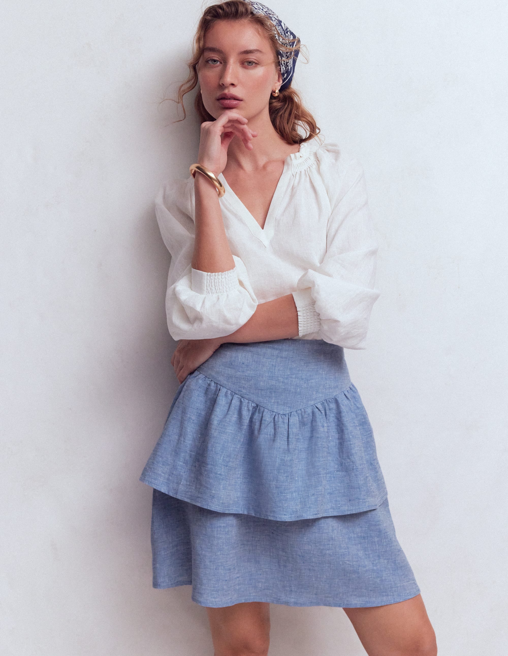 Tiered Linen Skirt-Blue Chambray - Image 1