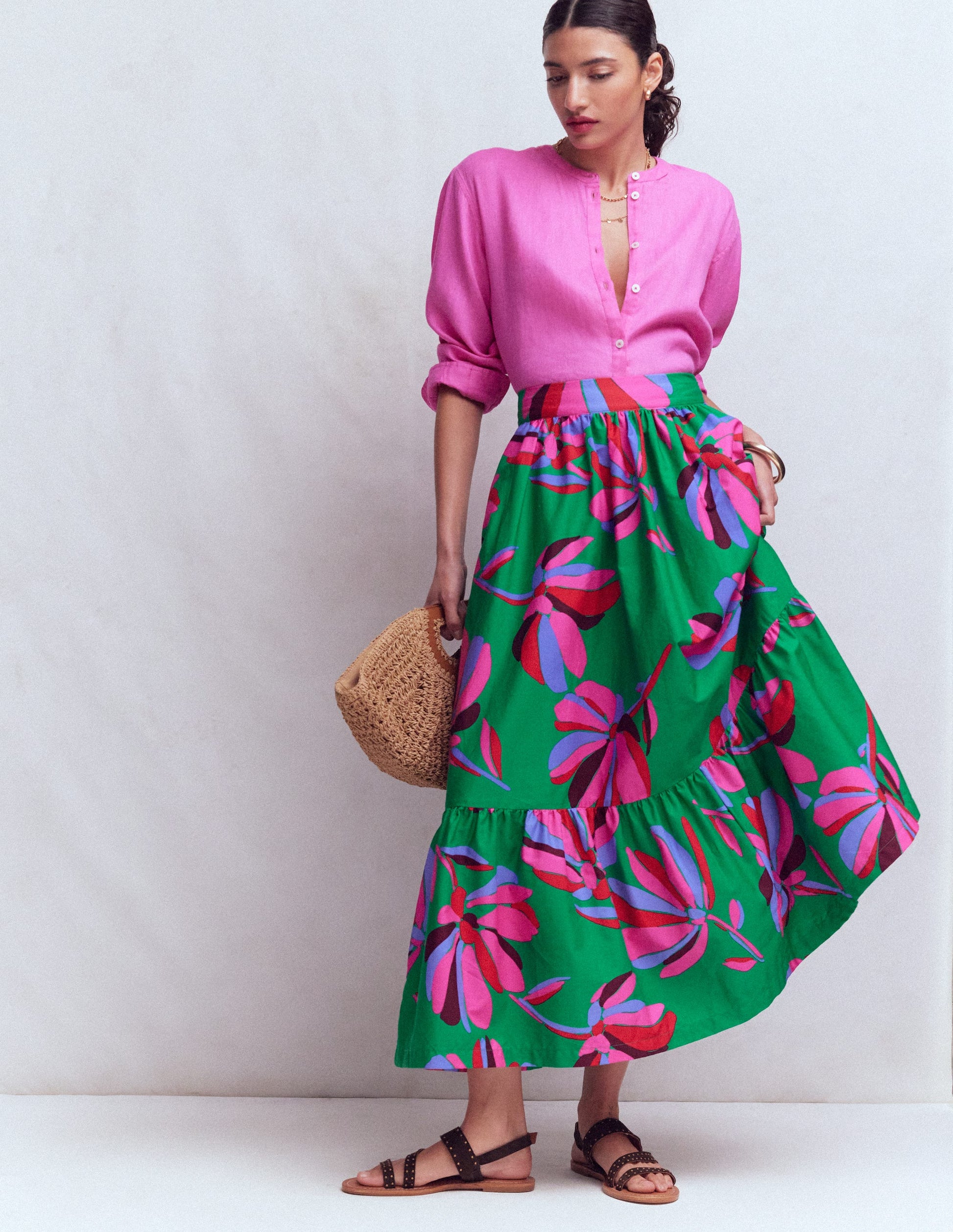 Abigail Poplin Maxi Skirt-Green, Daisy Cascade-1