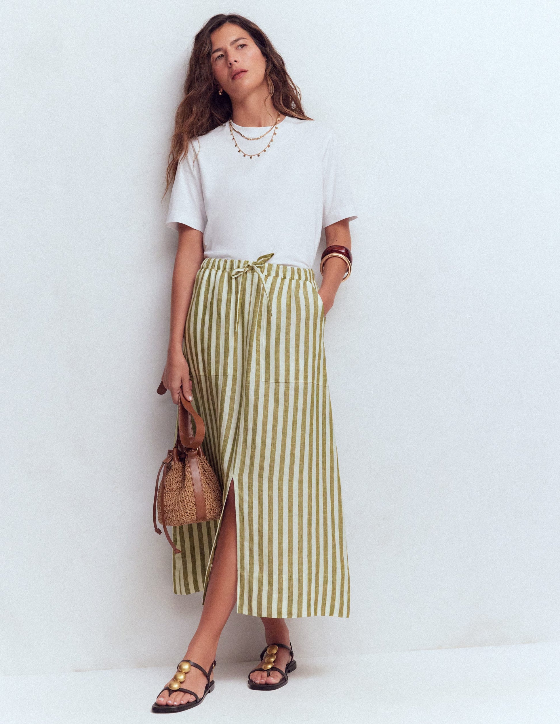 Layla Linen Skirt-Green Stripe-4