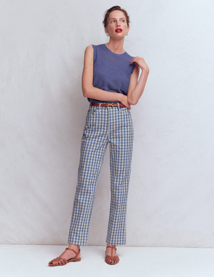 High Rise Straight Jeans-Blue Gingham