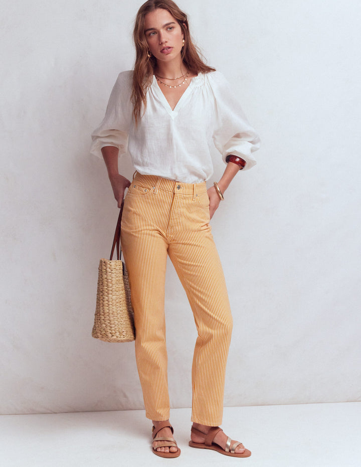 High Rise Straight Jeans-Yellow Stripe