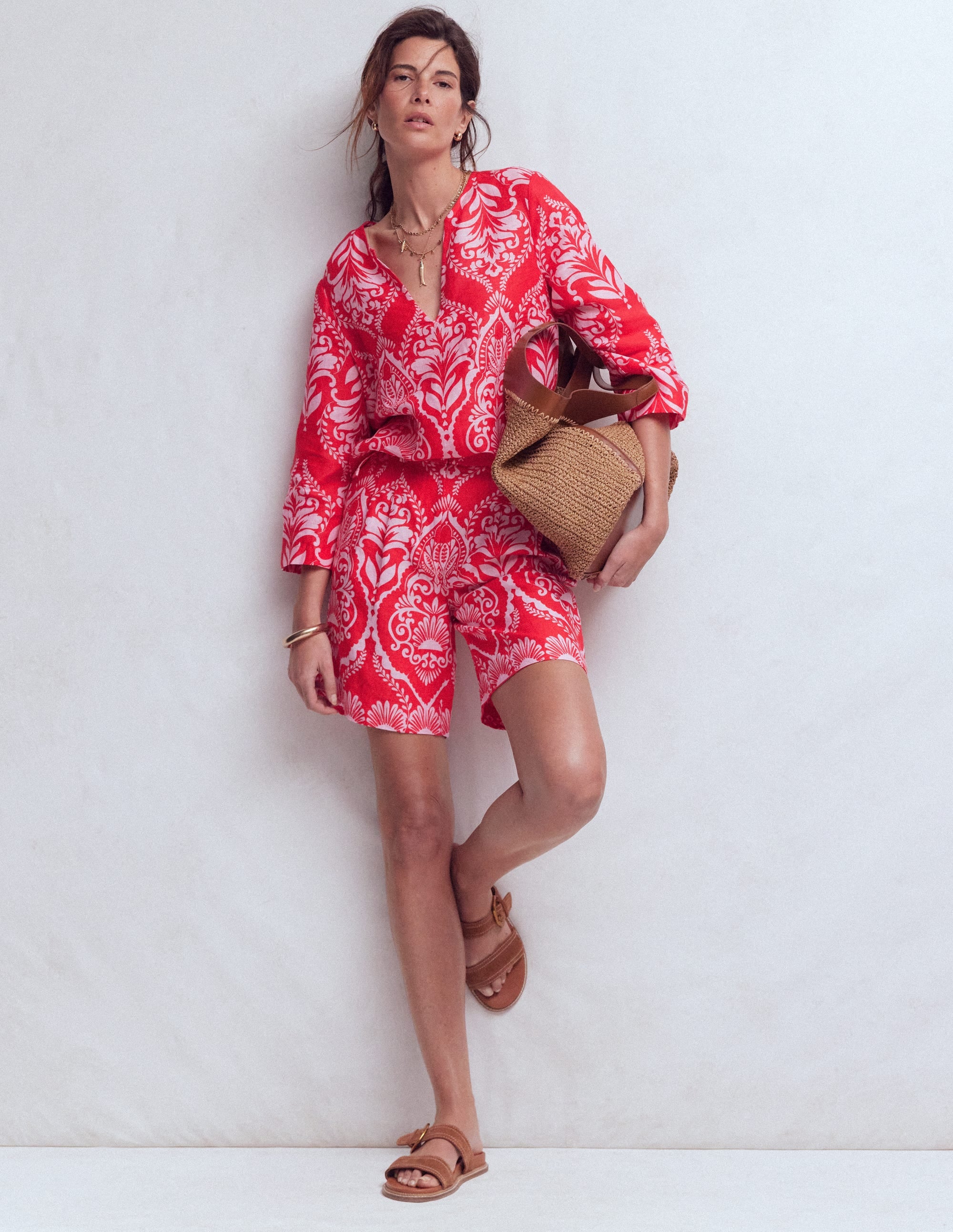 Kensington Linen Shorts-Poppy Red, Ornamental Garden - Image 1