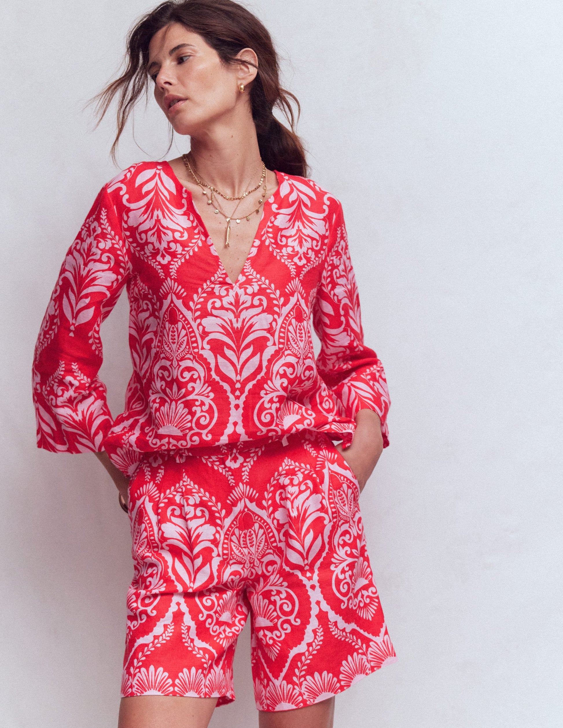 Kensington Linen Shorts-Red, Ornamental Garden-5