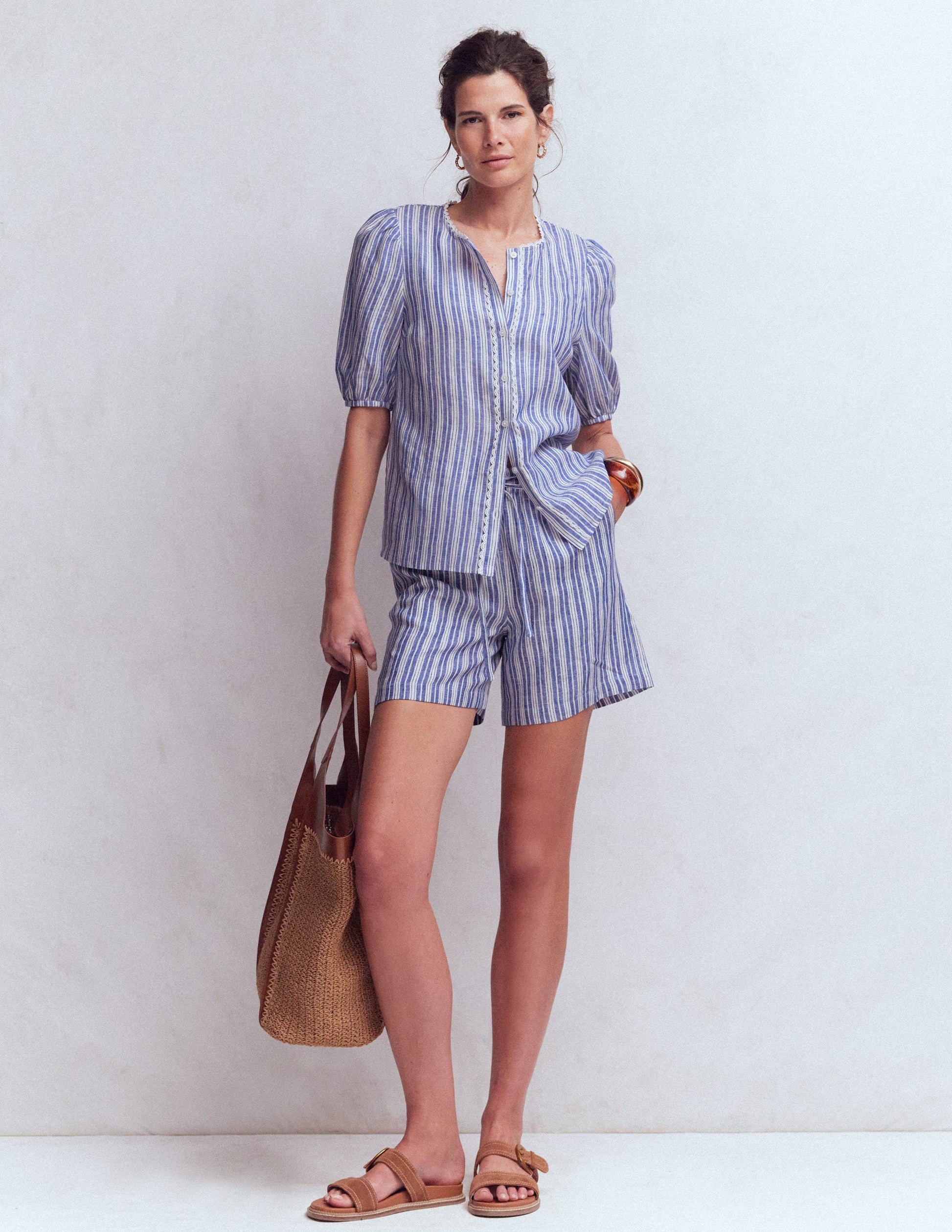 Islington Linen Shorts-Bright blue Stripe-1