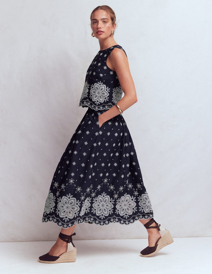 Verity Broderie Poplin Skirt-Navy