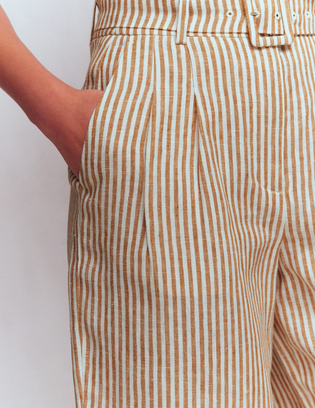 Chelsea Belted Linen Shorts-Brown, Ivory Ticking Stripe - Image 2