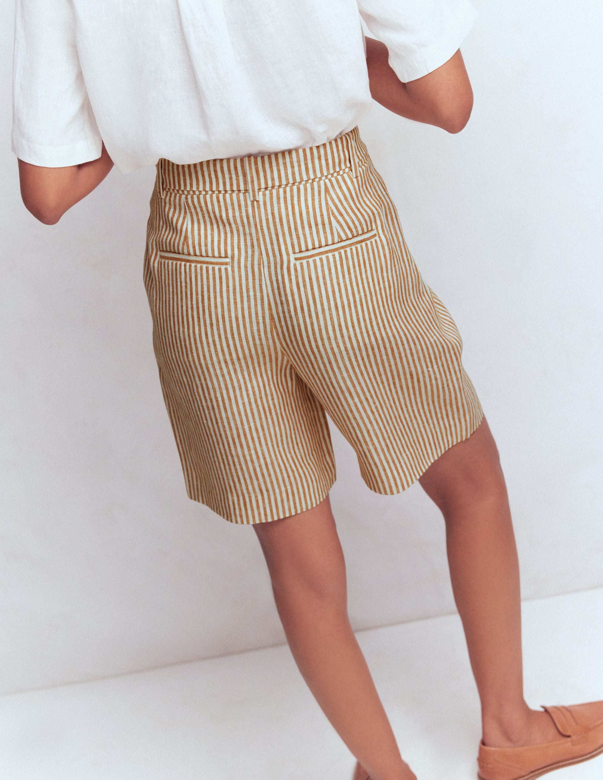 Chelsea Belted Linen Shorts-Brown, Ivory Ticking Stripe - Image 3