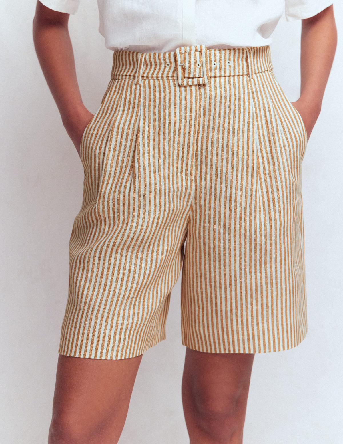 Chelsea Belted Linen Shorts-Brown, Ivory Ticking Stripe - Image 4
