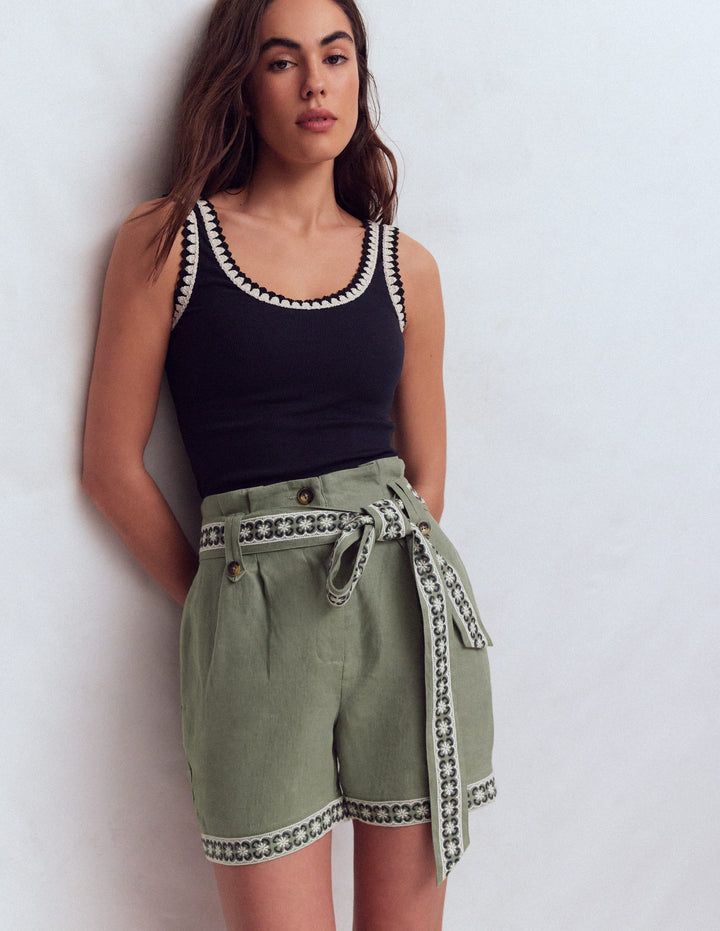 Paperbag Linen Belted Shorts-Agave Green Embroidery