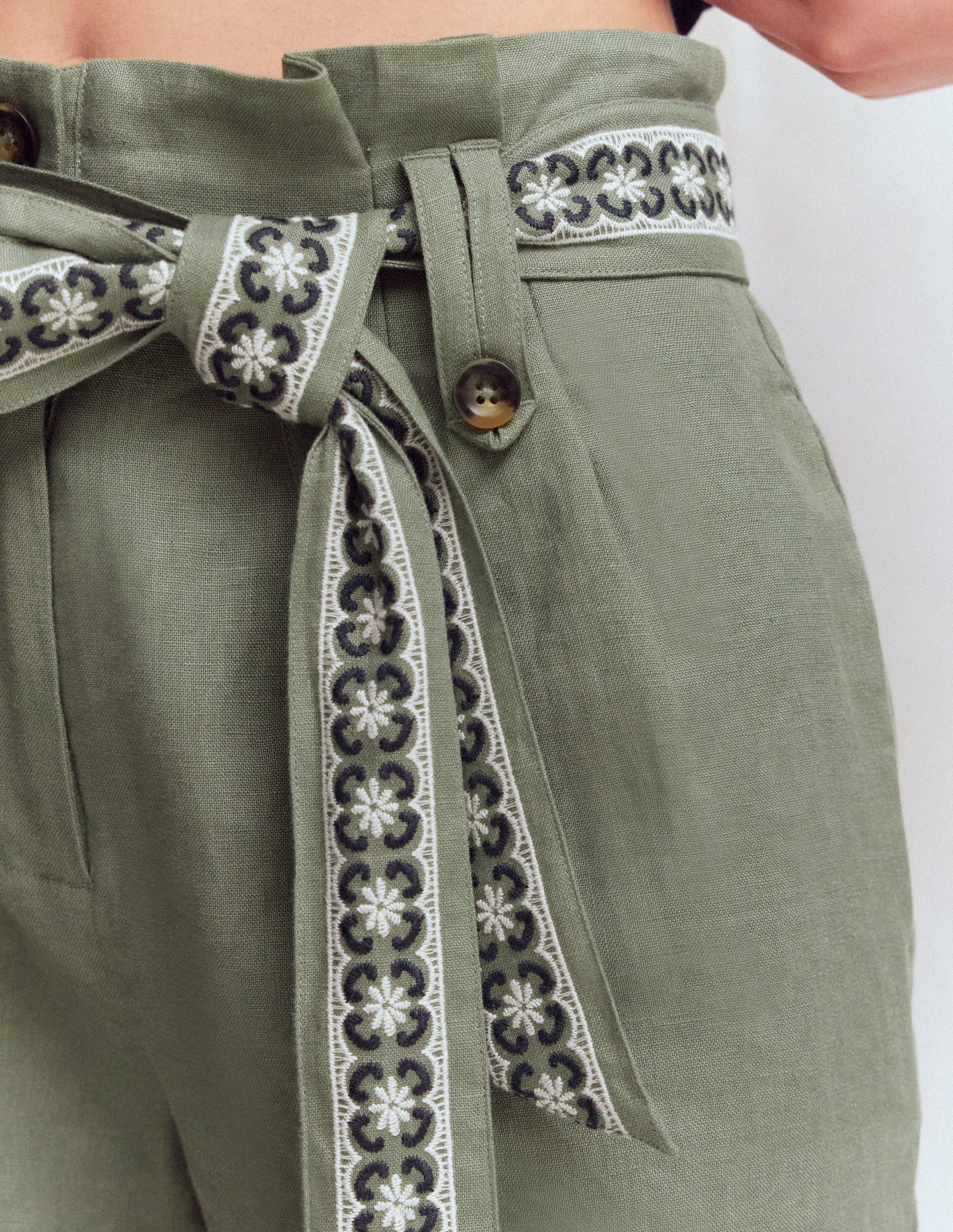 Paperbag Linen Belted Shorts-Green Grey Embroidery-2