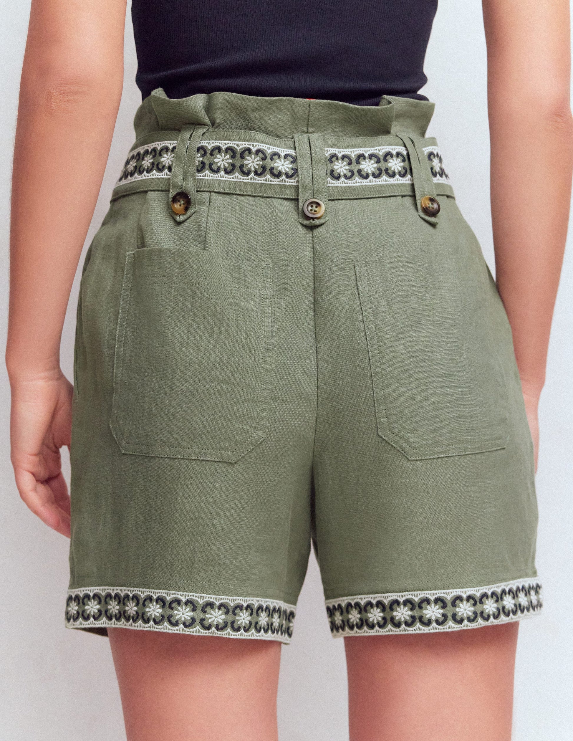 Paperbag Linen Belted Shorts-Green Grey Embroidery-3
