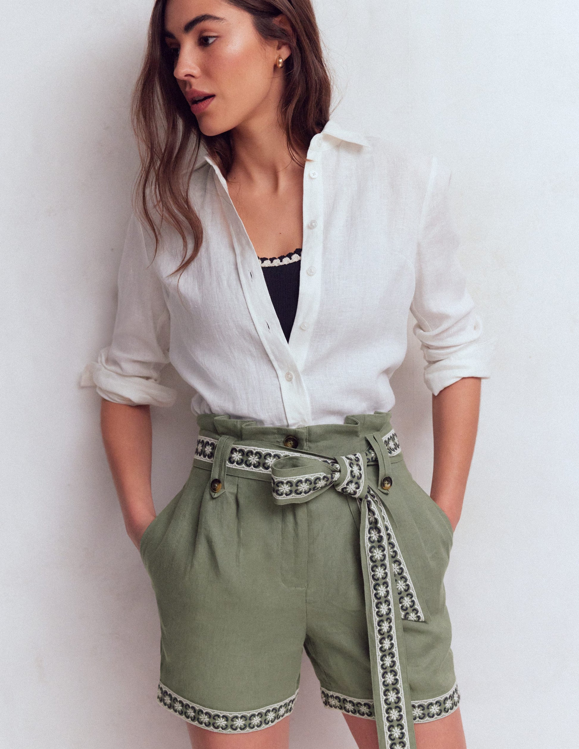 Paperbag Linen Belted Shorts-Green Grey Embroidery-5