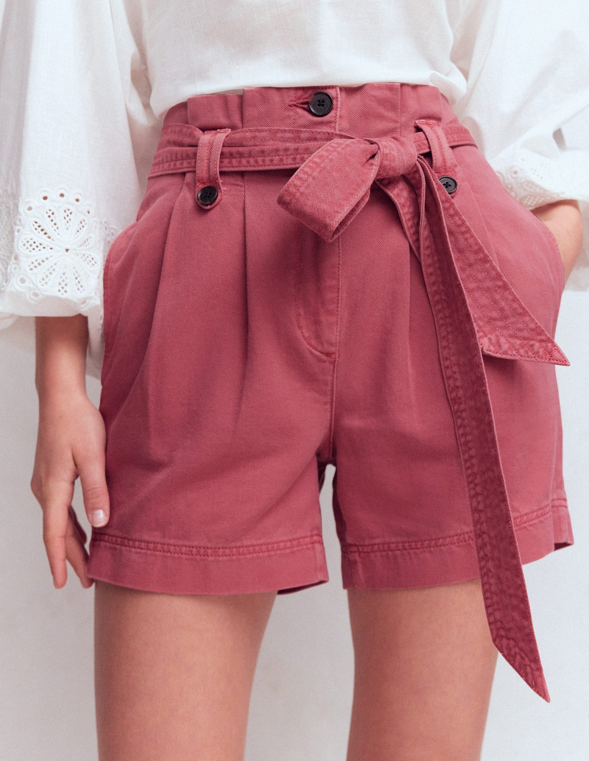 Paperbag Linen Belted Shorts-Cherry Blush-4