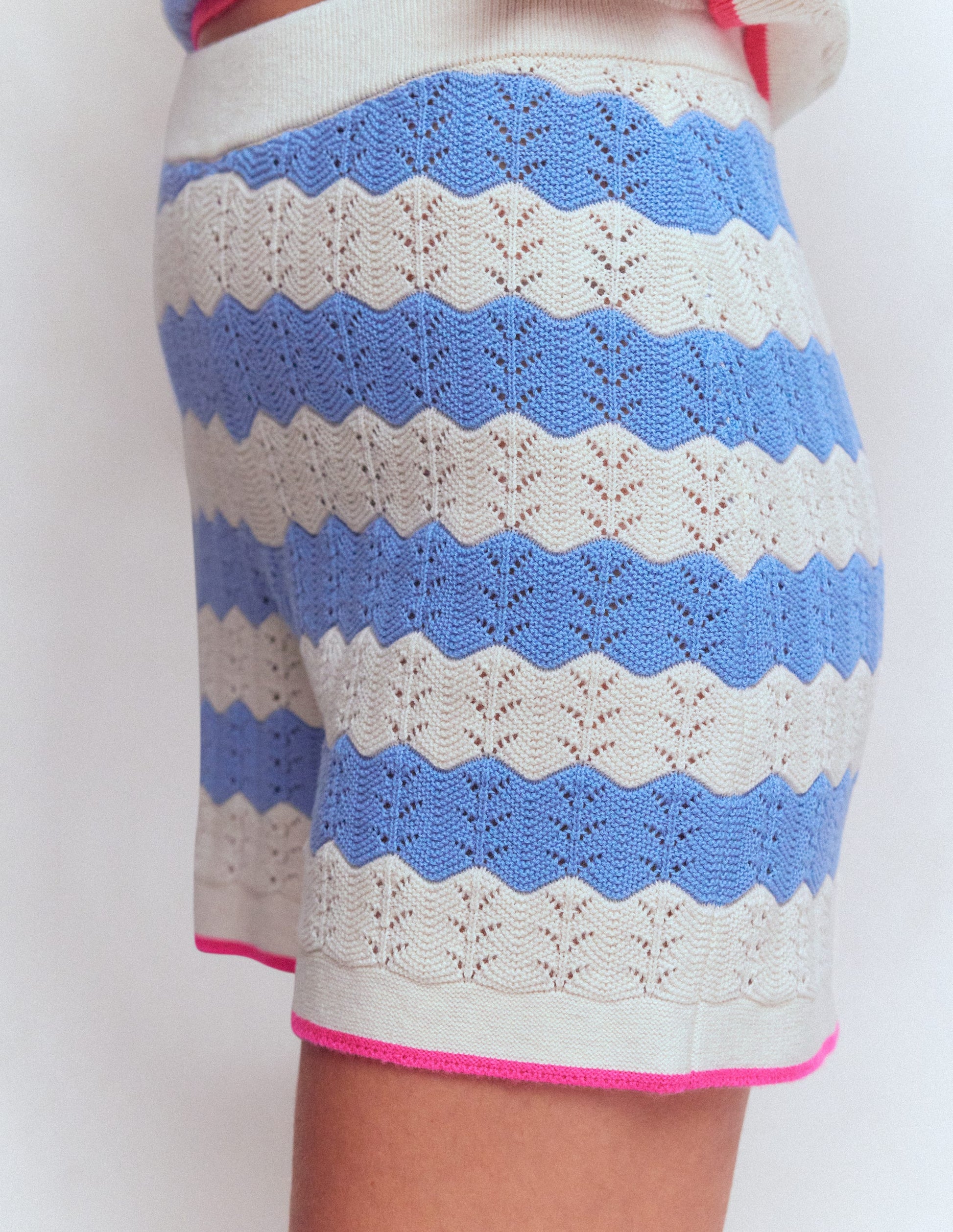 Knitted Pointelle Shorts-Blue, White-3