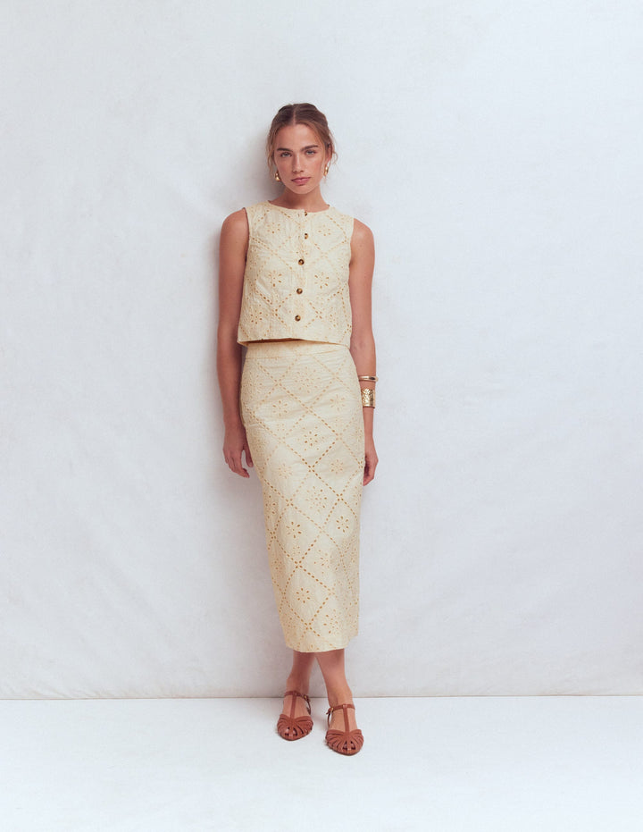 Textured Column Skirt-Ivory Broderie