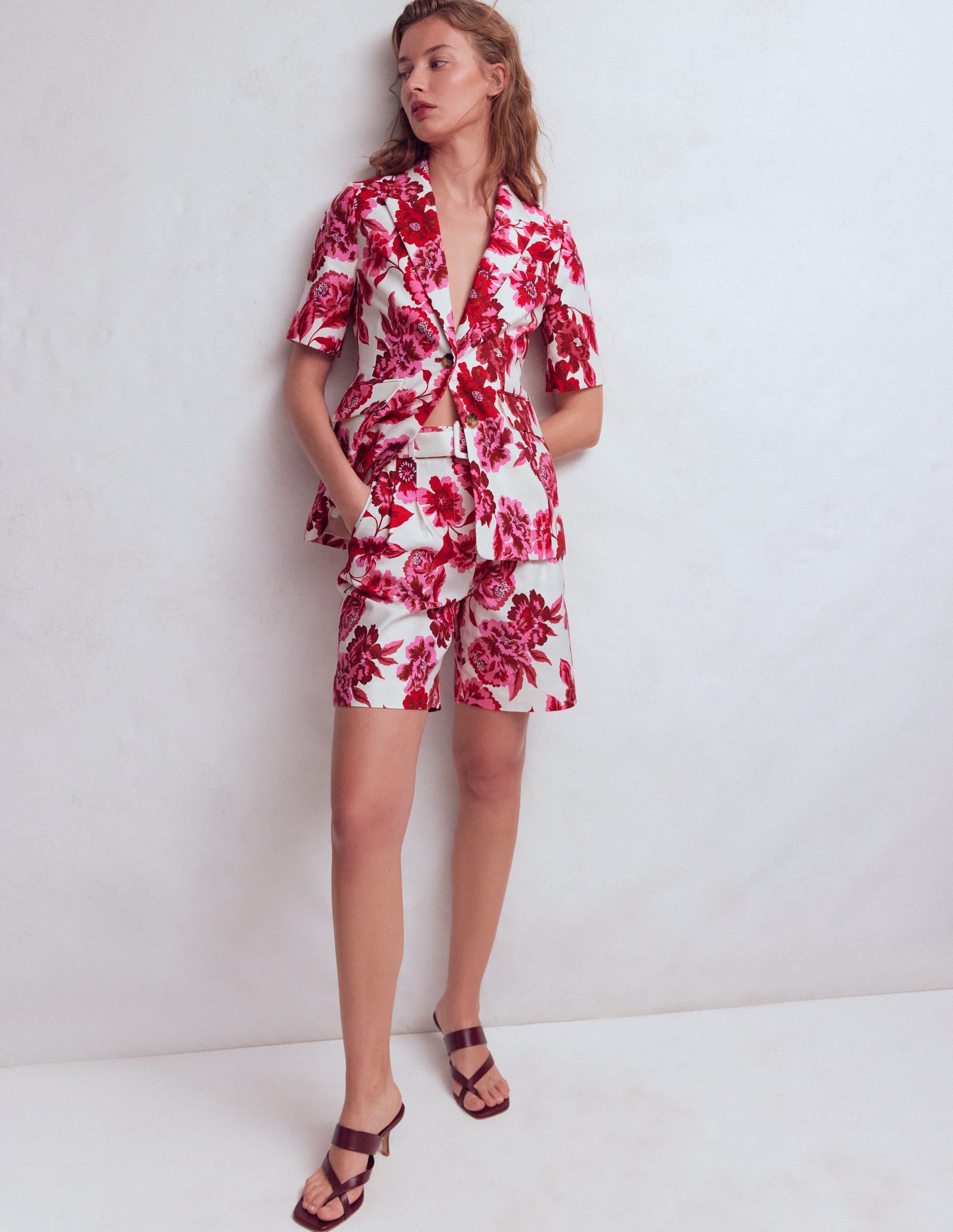 Chelsea Belted Tailored Shorts-Sangria Sunset, Floral Print - Image 1