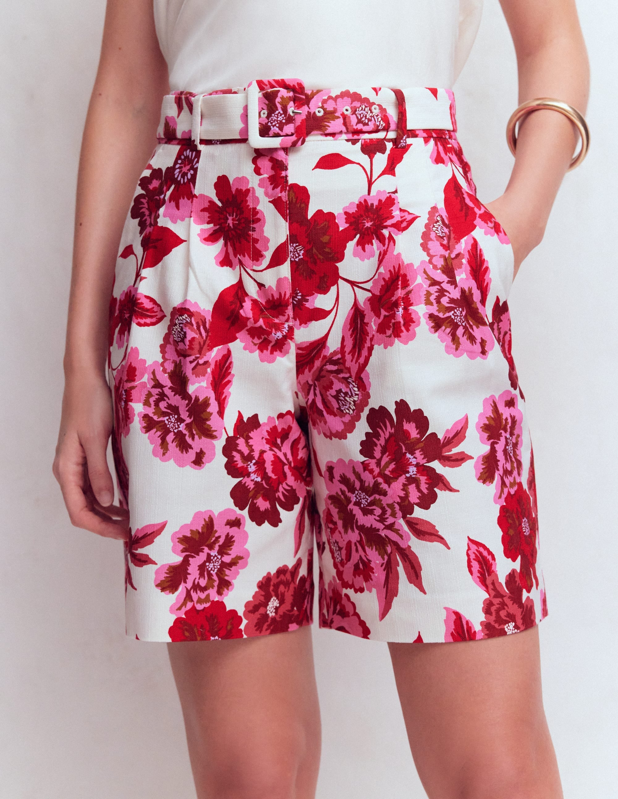 Chelsea Belted Tailored Shorts-Sangria Sunset, Floral Print - Image 5