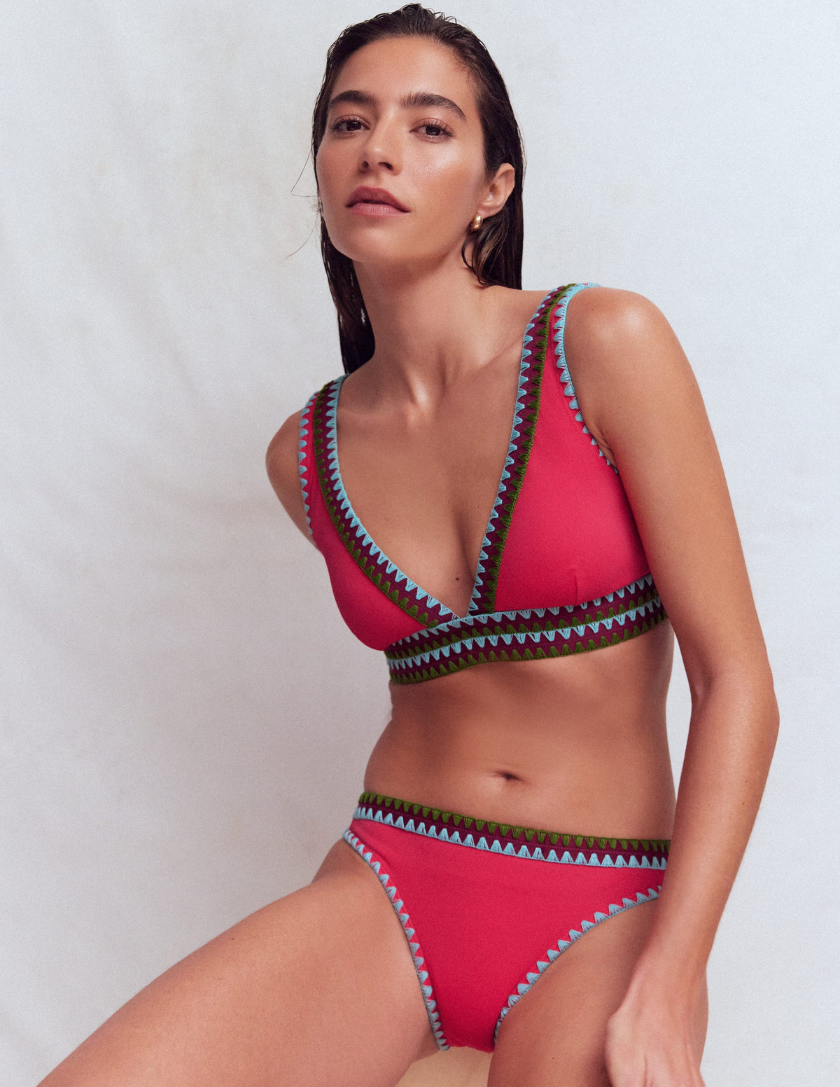 Porto V-neck Bikini Top-Rosy, Embroidery - Image 1