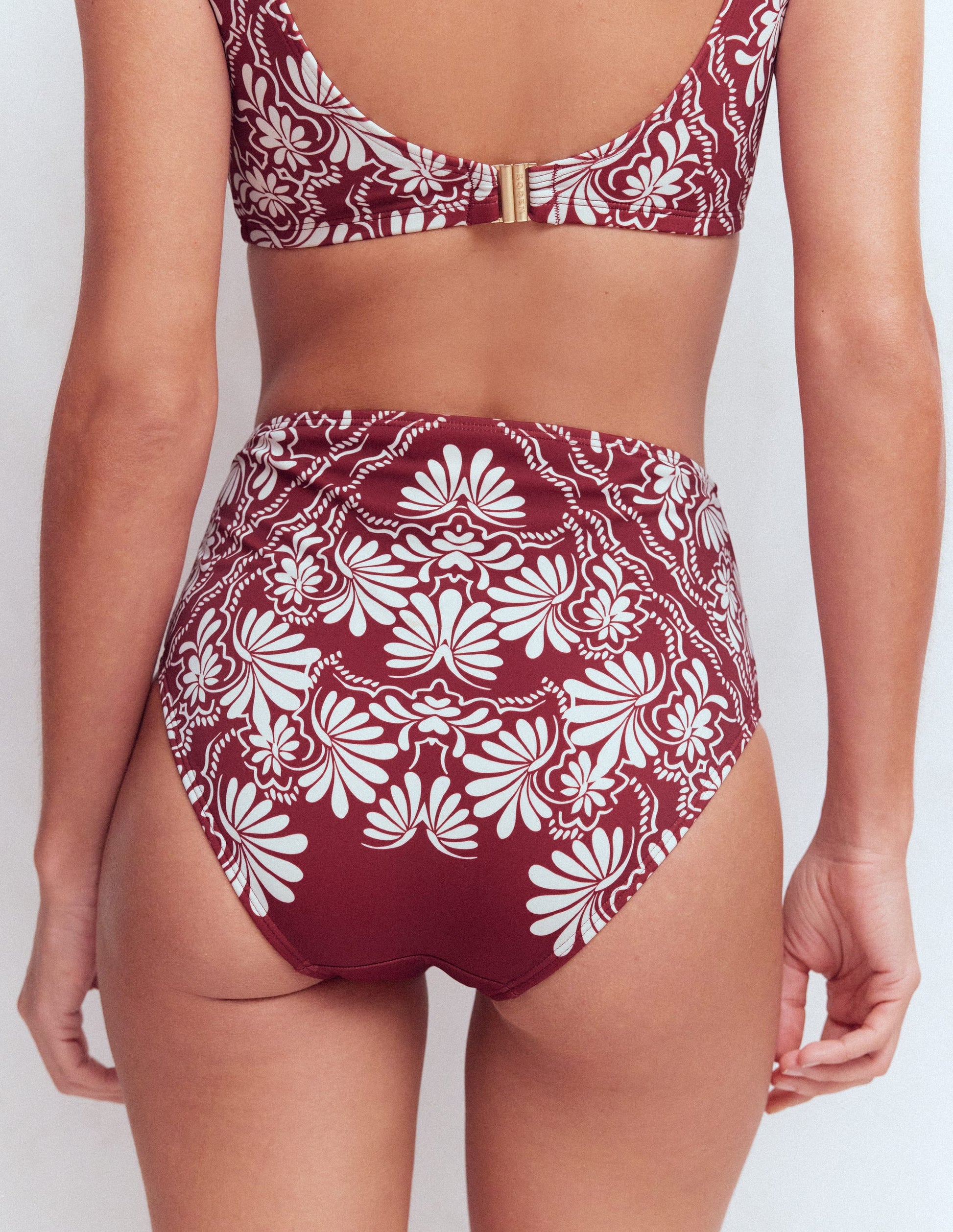 High Waisted Bikini Bottoms-Maroon, Botanical Charm-3