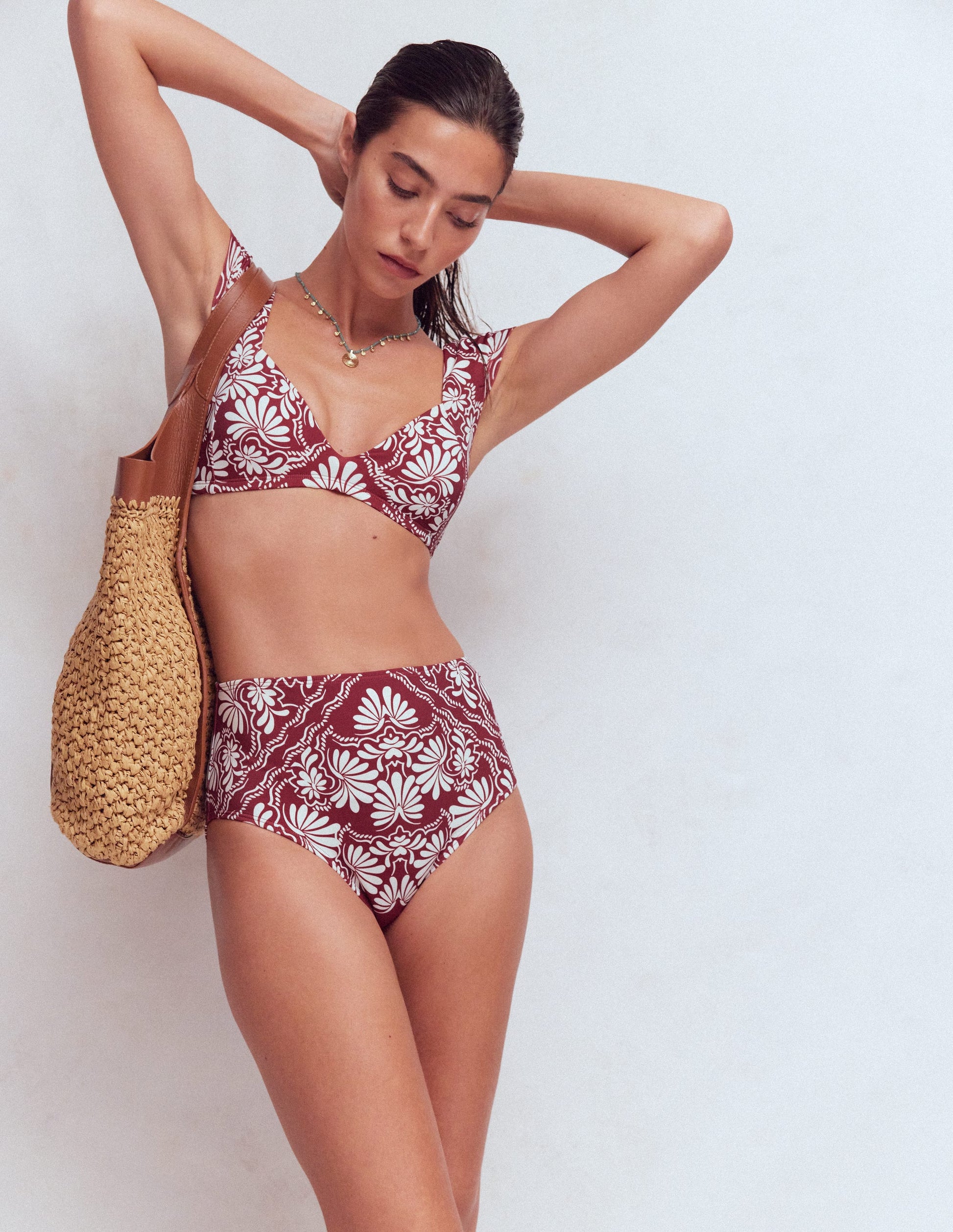 High Waisted Bikini Bottoms-Maroon, Botanical Charm-5