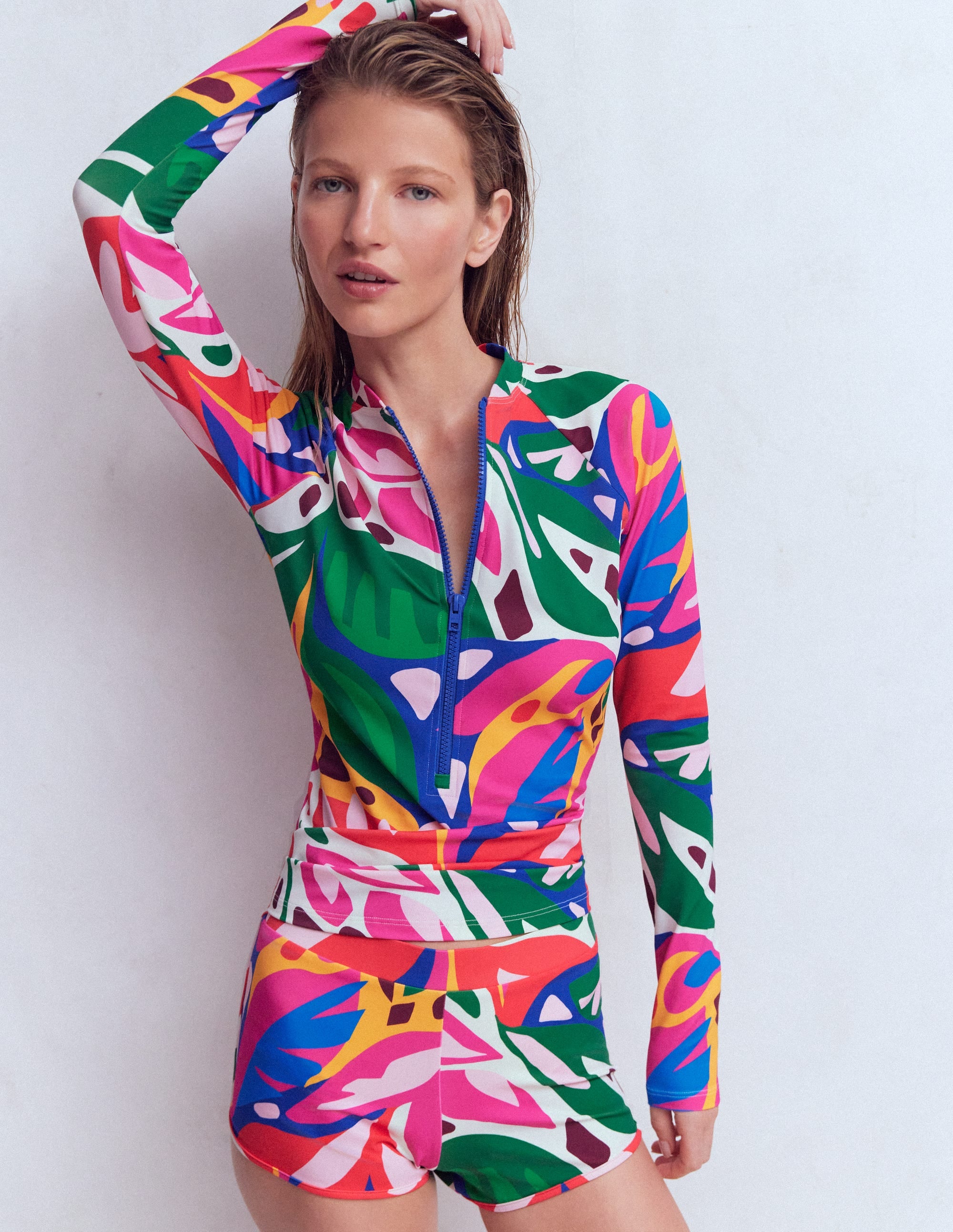 Long Sleeve Rash Guard Top-Multi, Leafy Cascade - Image 4