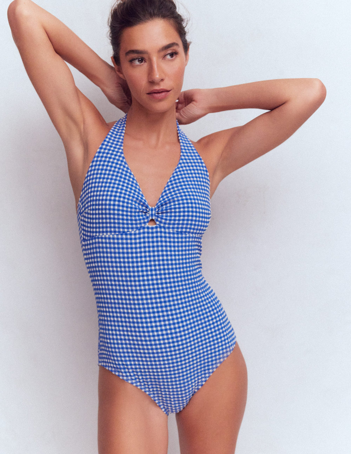 Bow Halter Swimsuit-Bright Blue, Gingham-2