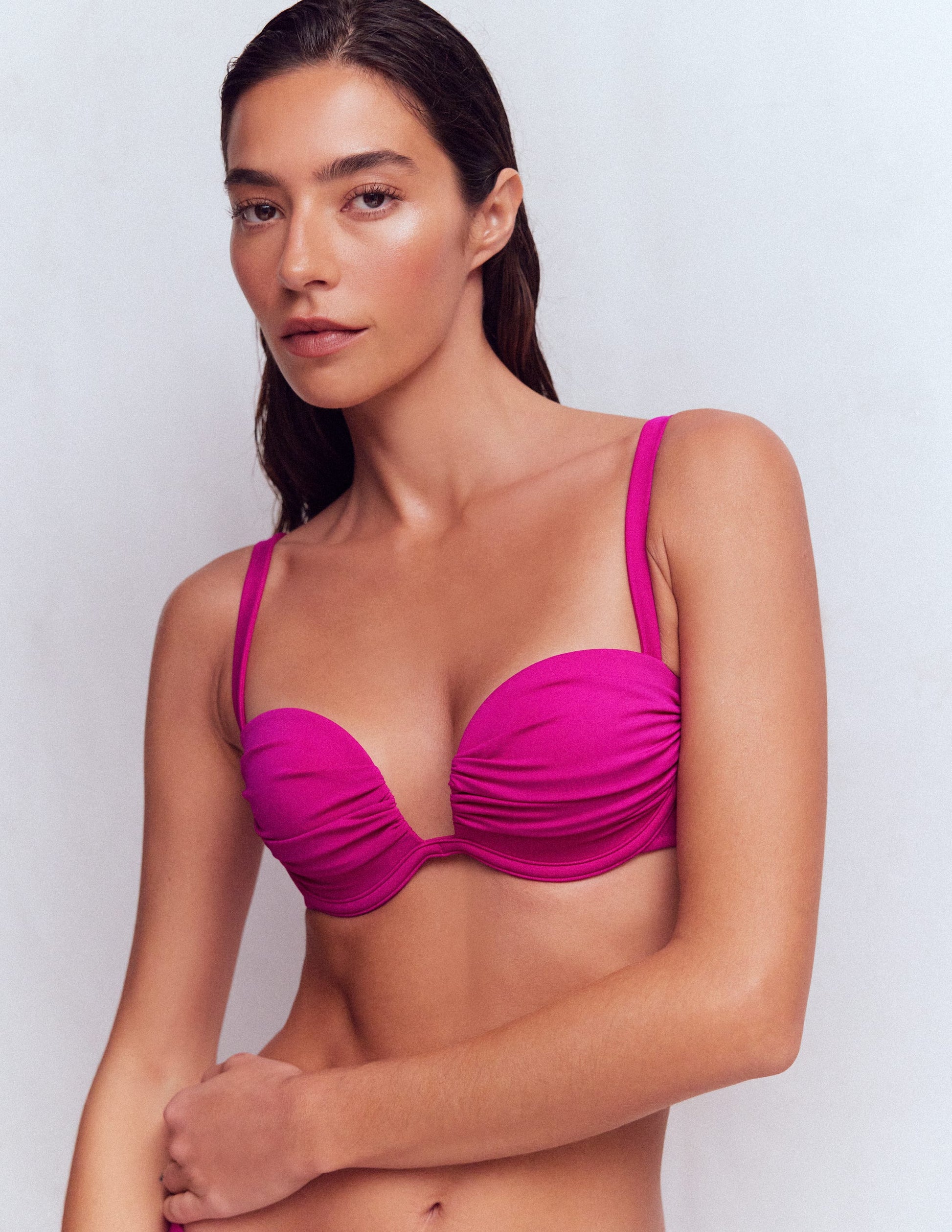 Pleated Cup Bikini Top-Bright Fuchsia-1