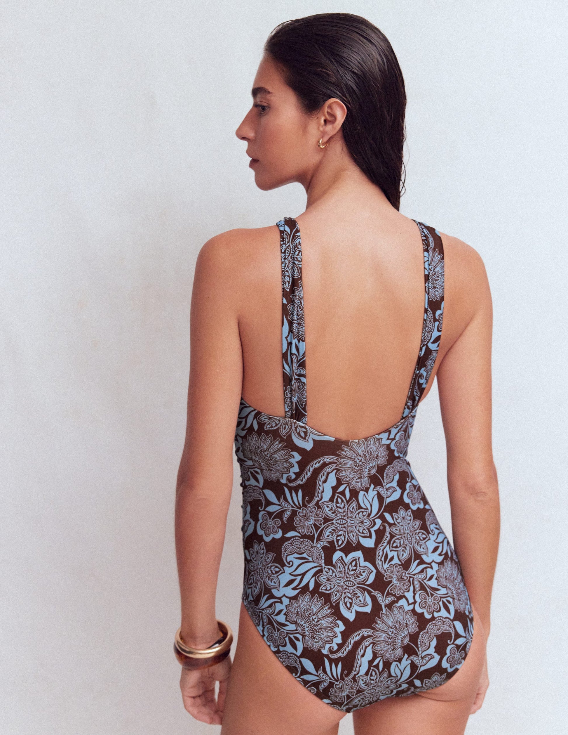 Pleated Strap Cross Swimsuit-Hot Chocolate, Elegant Blossom-3