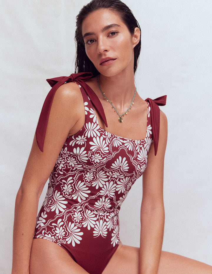Bow Tie Shoulder Swimsuit-Maroon, Botanical Charm