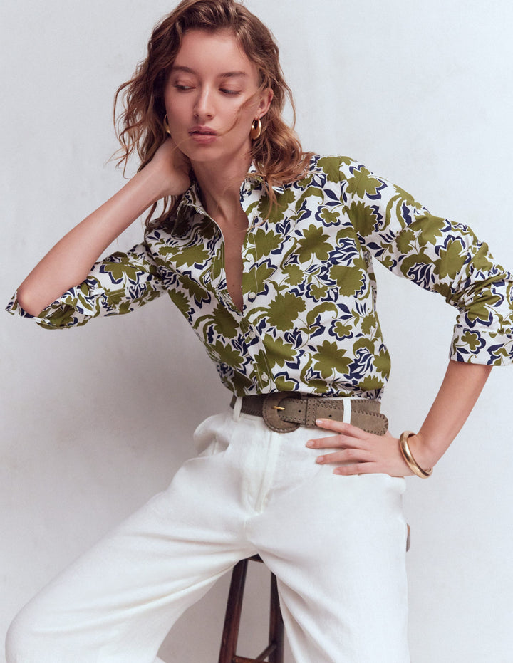 Sienna Cotton Shirt-Olive, Shadow Blossom