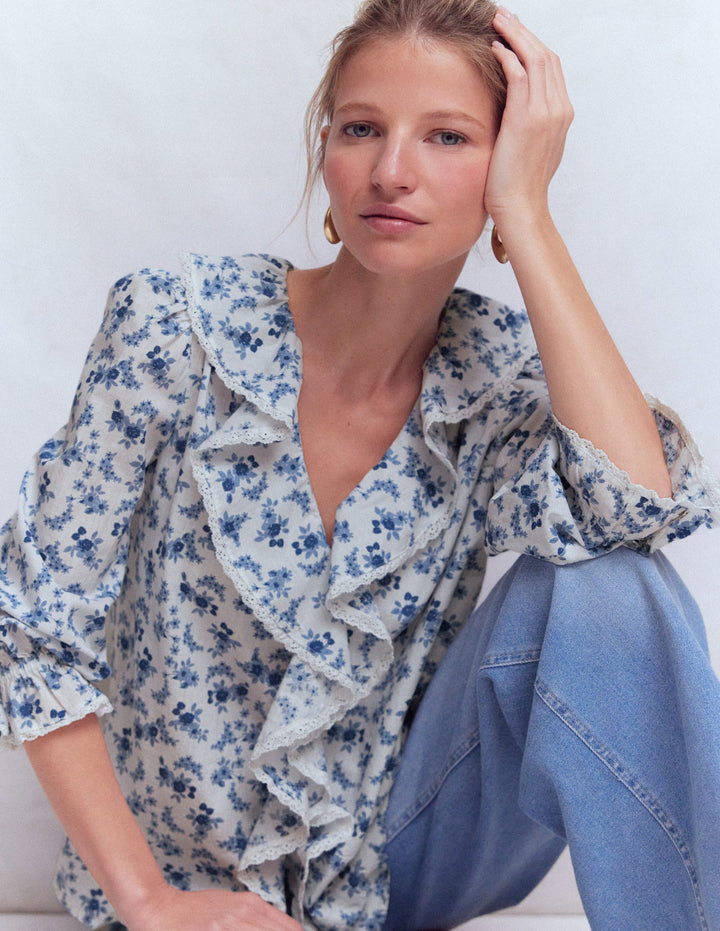 Eliza Ruffle V-Neck Blouse-Tourmaline Blue, Dainty Vine