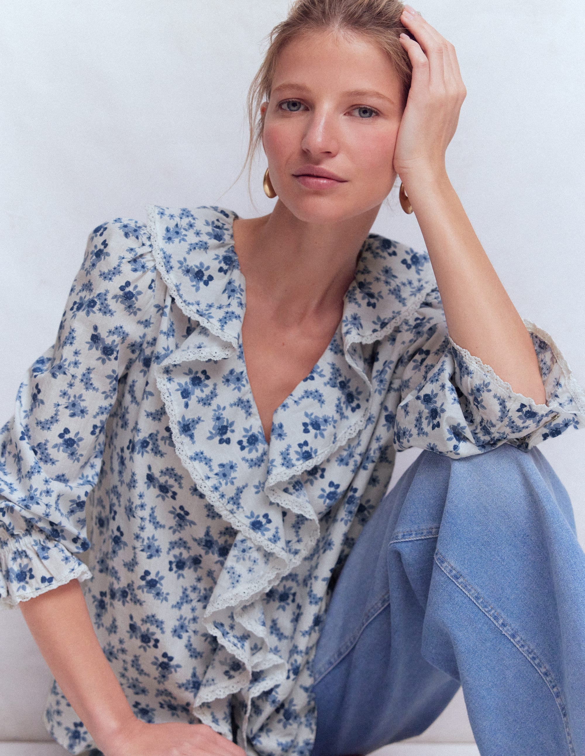 Eliza Ruffle V-Neck Blouse-Tourmaline Blue, Dainty Vine - Image 1
