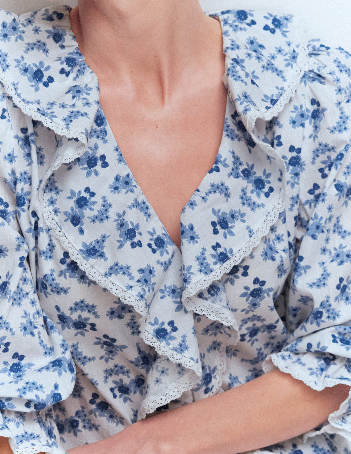 Eliza Ruffle V-Neck Blouse-Tourmaline Blue, Dainty Vine - Image 2