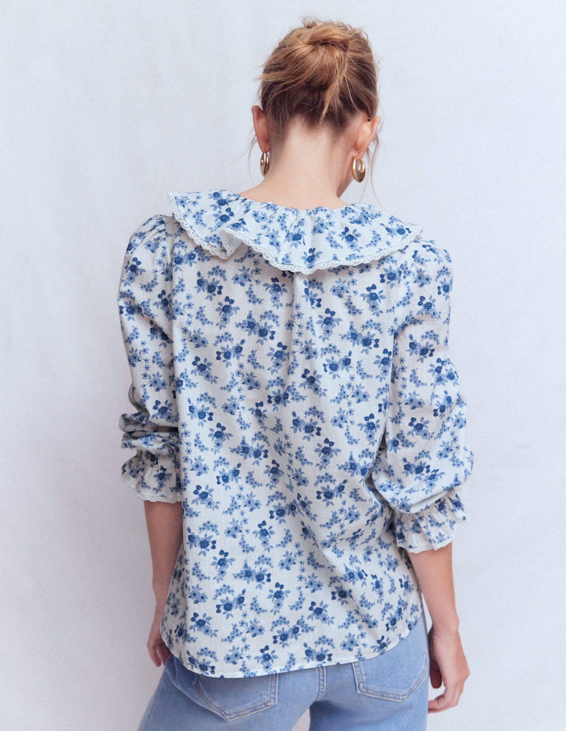 Eliza Ruffle V-Neck Blouse-Tourmaline Blue, Dainty Vine-3