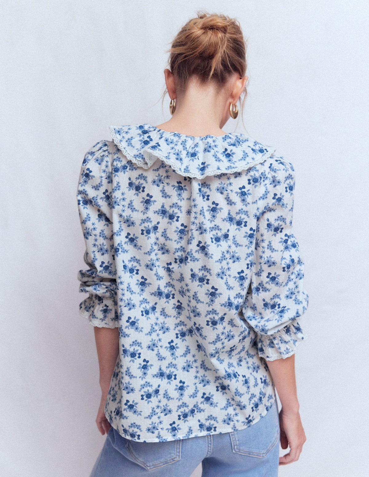 Eliza Ruffle V-Neck Blouse-Tourmaline Blue, Dainty Vine - Image 3