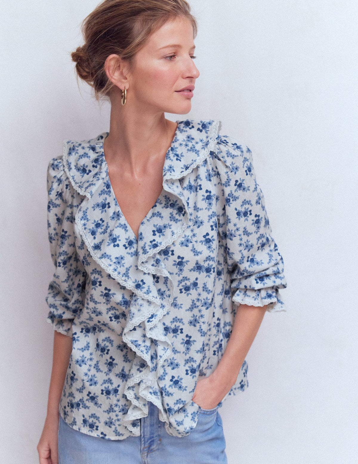 Eliza Ruffle V-Neck Blouse-Tourmaline Blue, Dainty Vine - Image 4