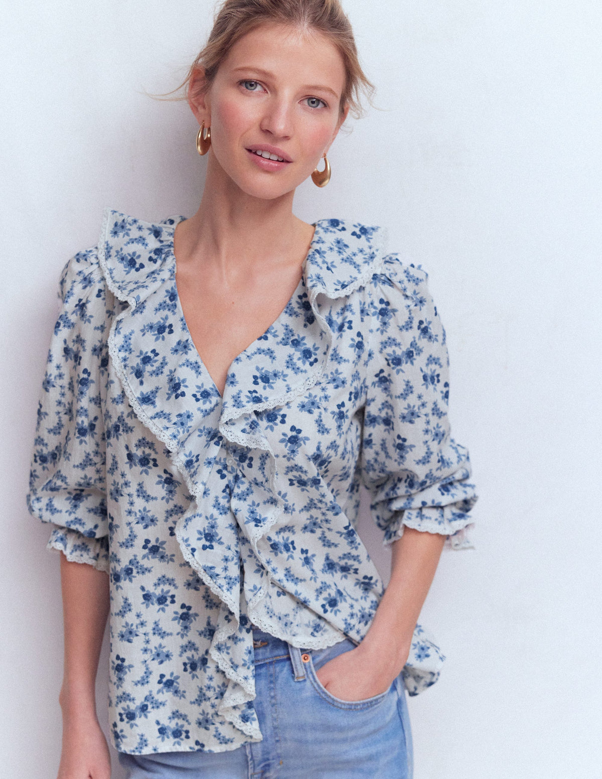Eliza Ruffle V-Neck Blouse-Tourmaline Blue, Dainty Vine - Image 5