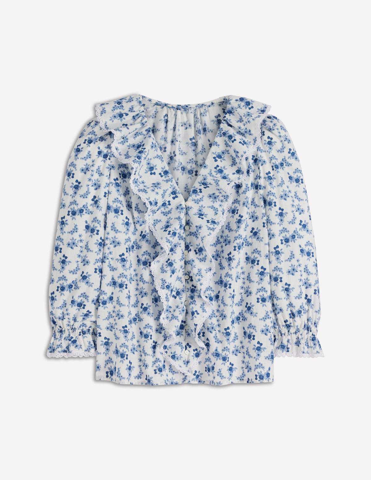 Eliza Ruffle V-Neck Blouse-Tourmaline Blue, Dainty Vine - Image 7