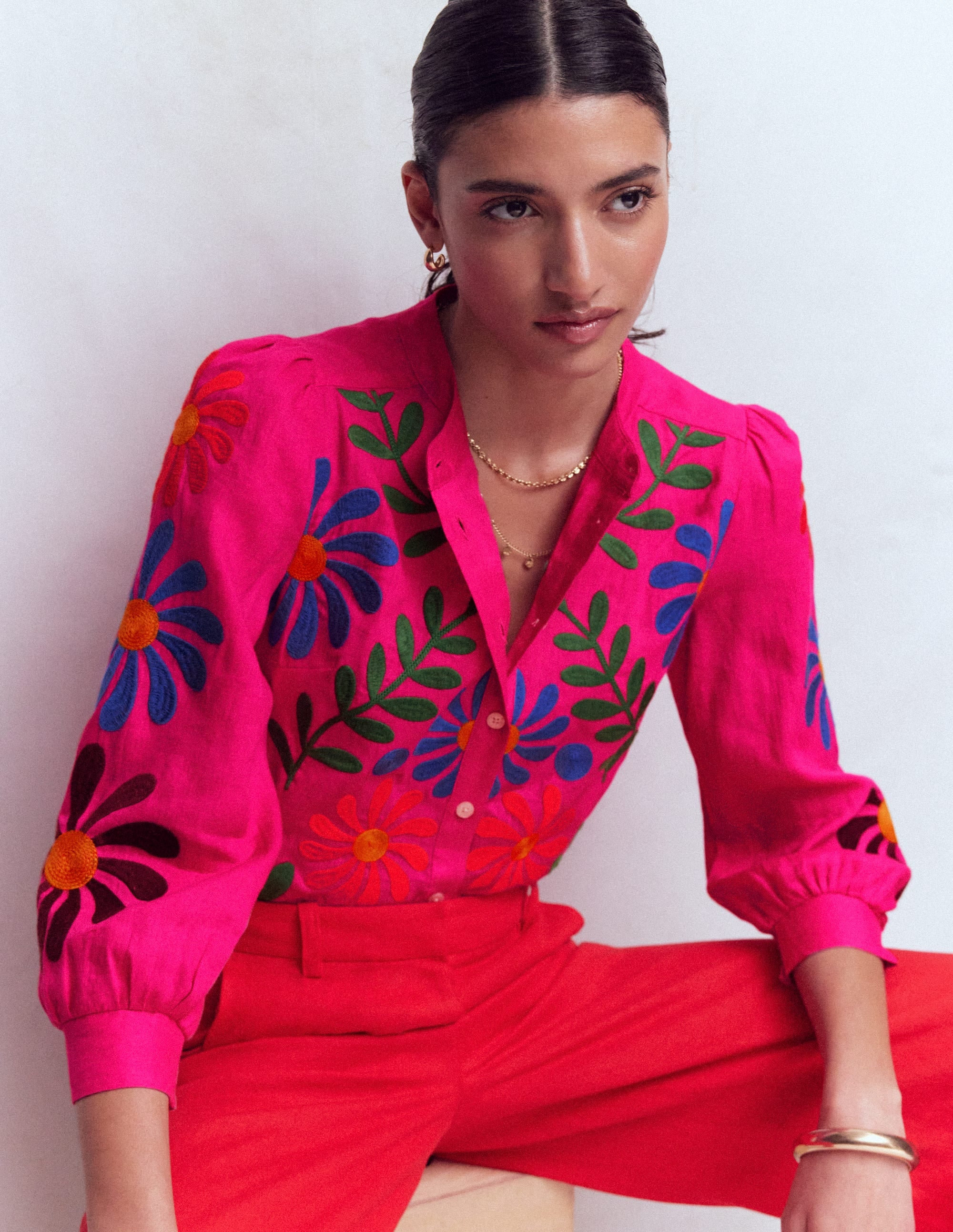 Alicia Linen Top-Pink Peony, Flower Embroidery - Image 1
