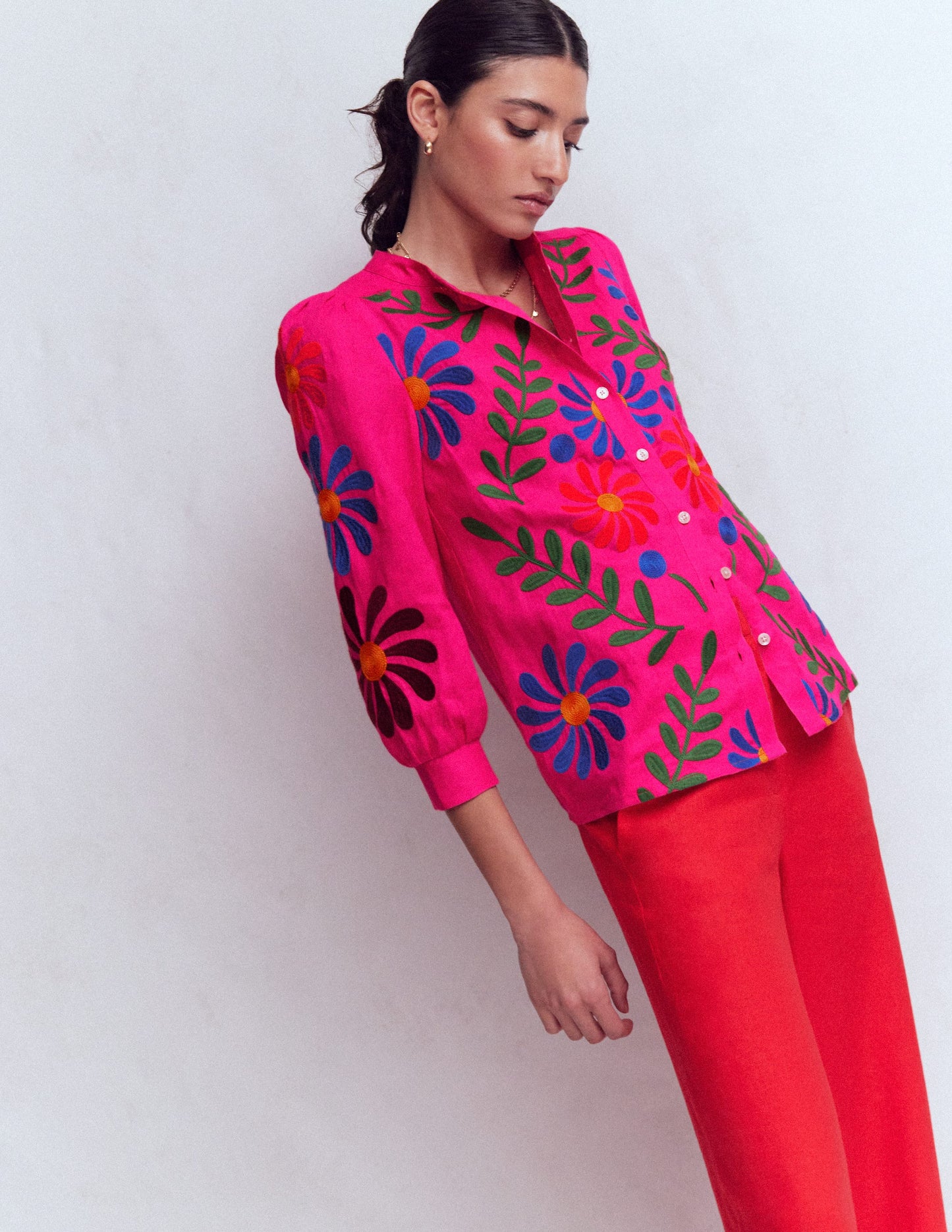 Alicia Linen Top-Pink Peony, Flower Embroidery