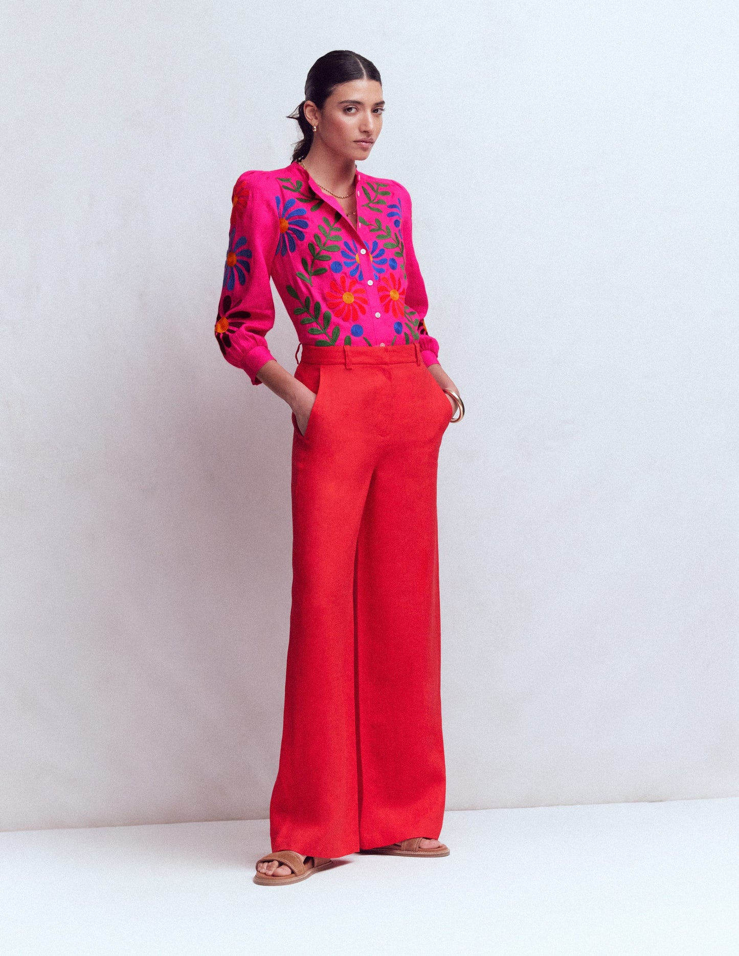 Alicia Linen Top-Pink Peony, Flower Embroidery