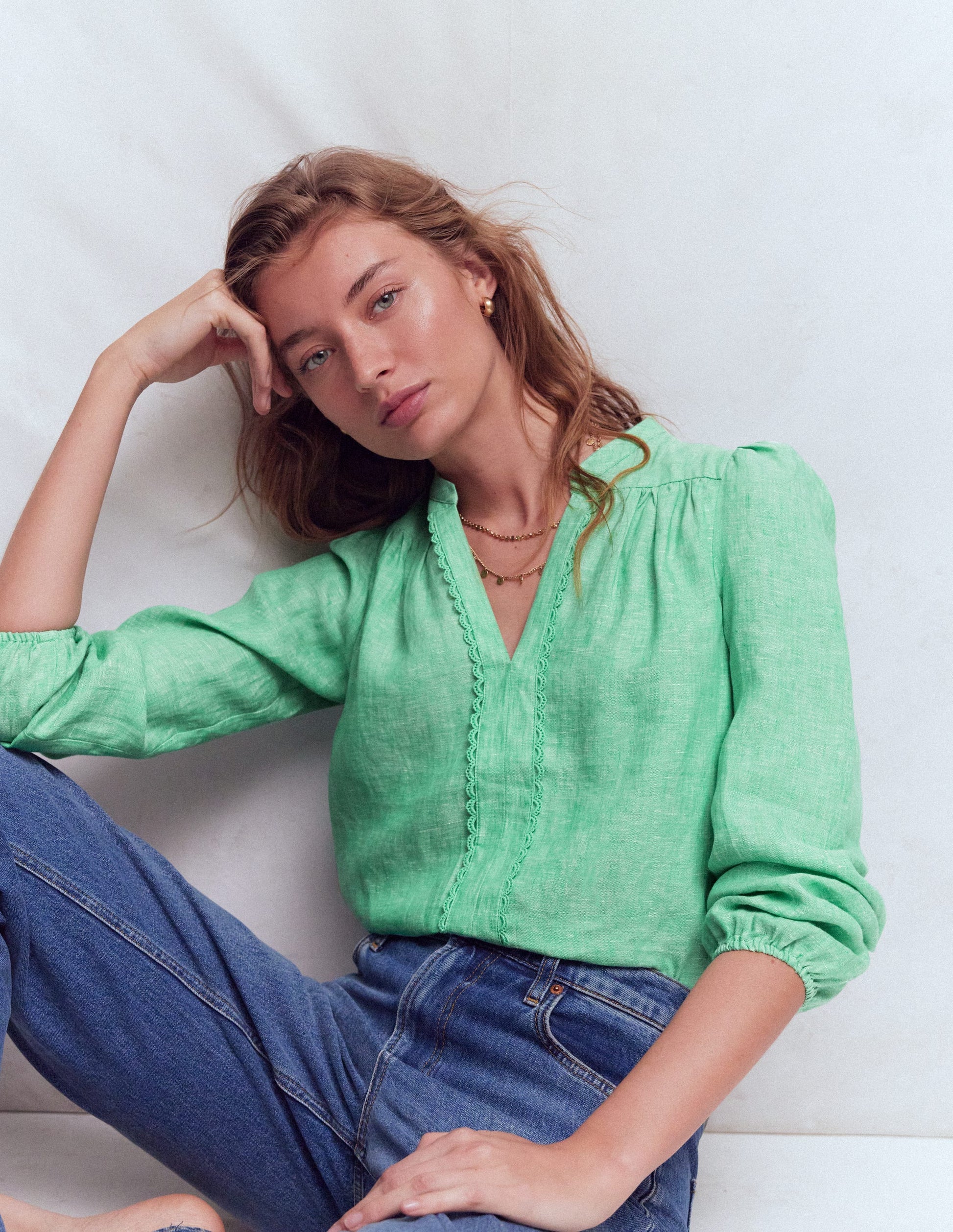 Linen Trim Insert Top-Aloe Green Chambray-1