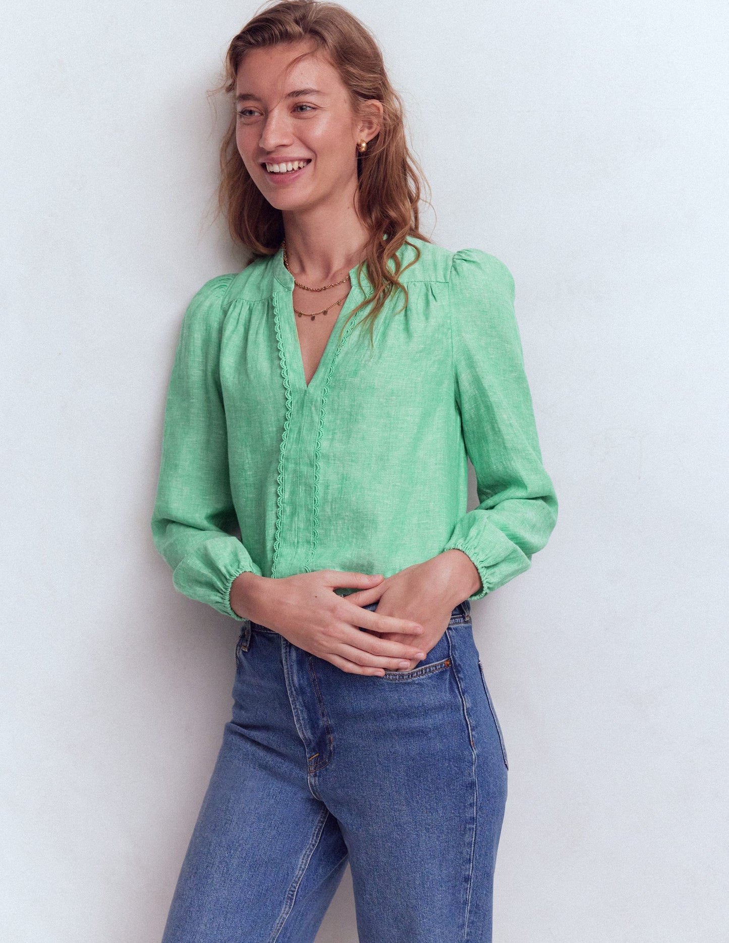 Linen Trim Insert Top-Aloe Green Chambray