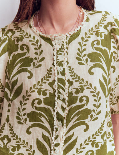 Leah Short Sleeve Linen Top-Ivory and Green Floral-2