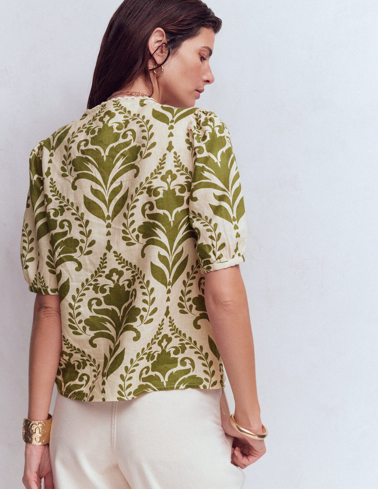 Leah Short Sleeve Linen Top-Ivory and Green Floral