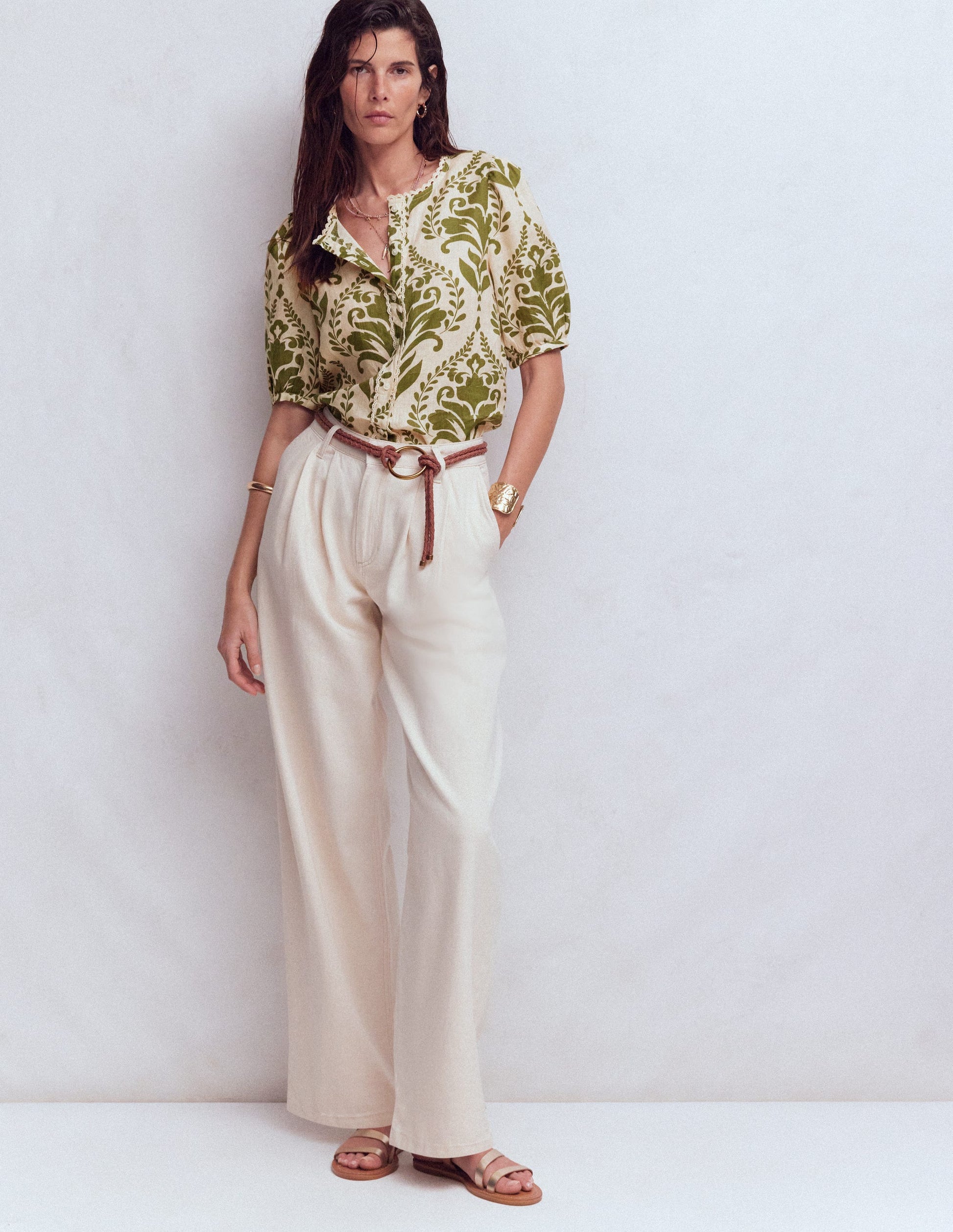 Leah Short Sleeve Linen Top-Ivory and Green Floral-4