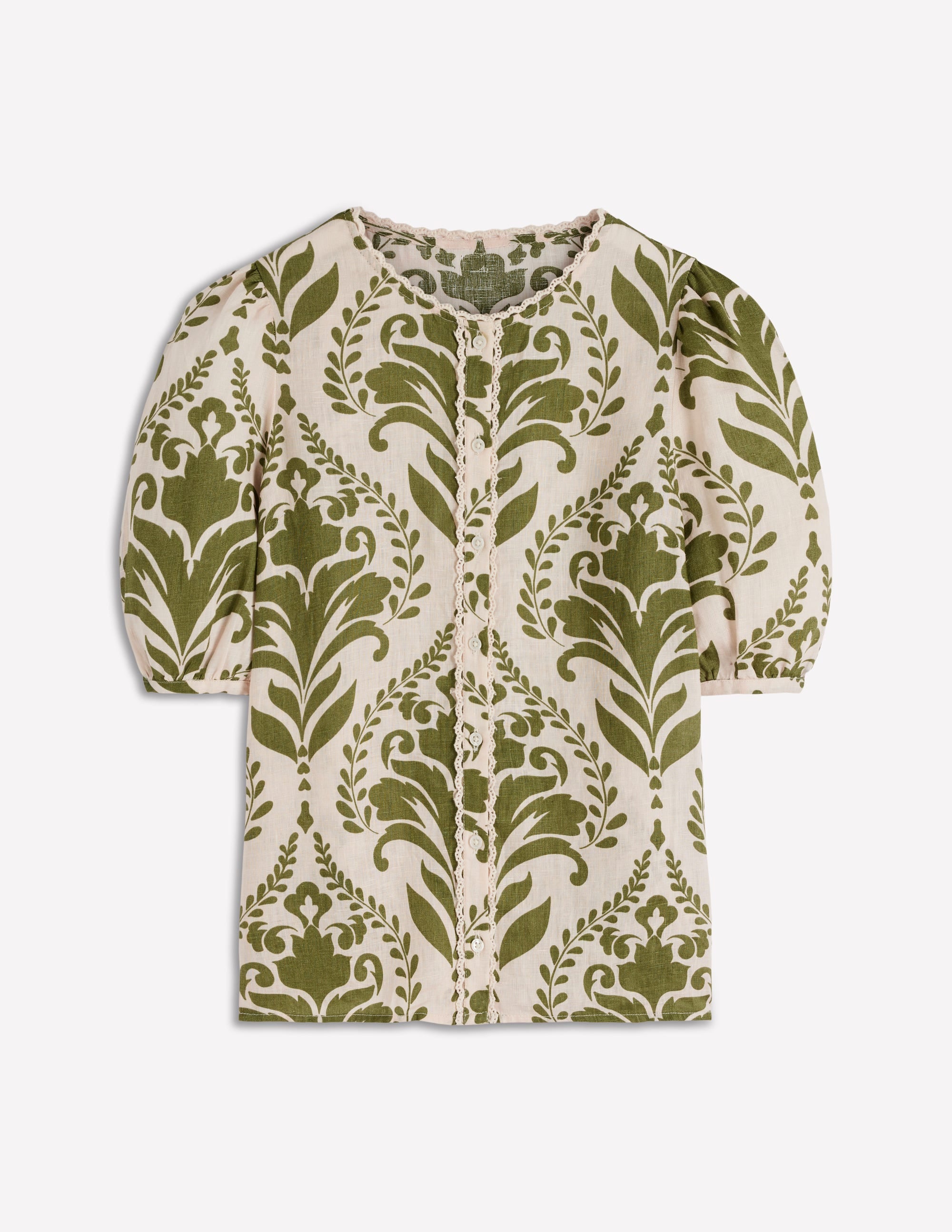 Leah Short Sleeve Linen Top-Green, Decorative Lattice - Image 6
