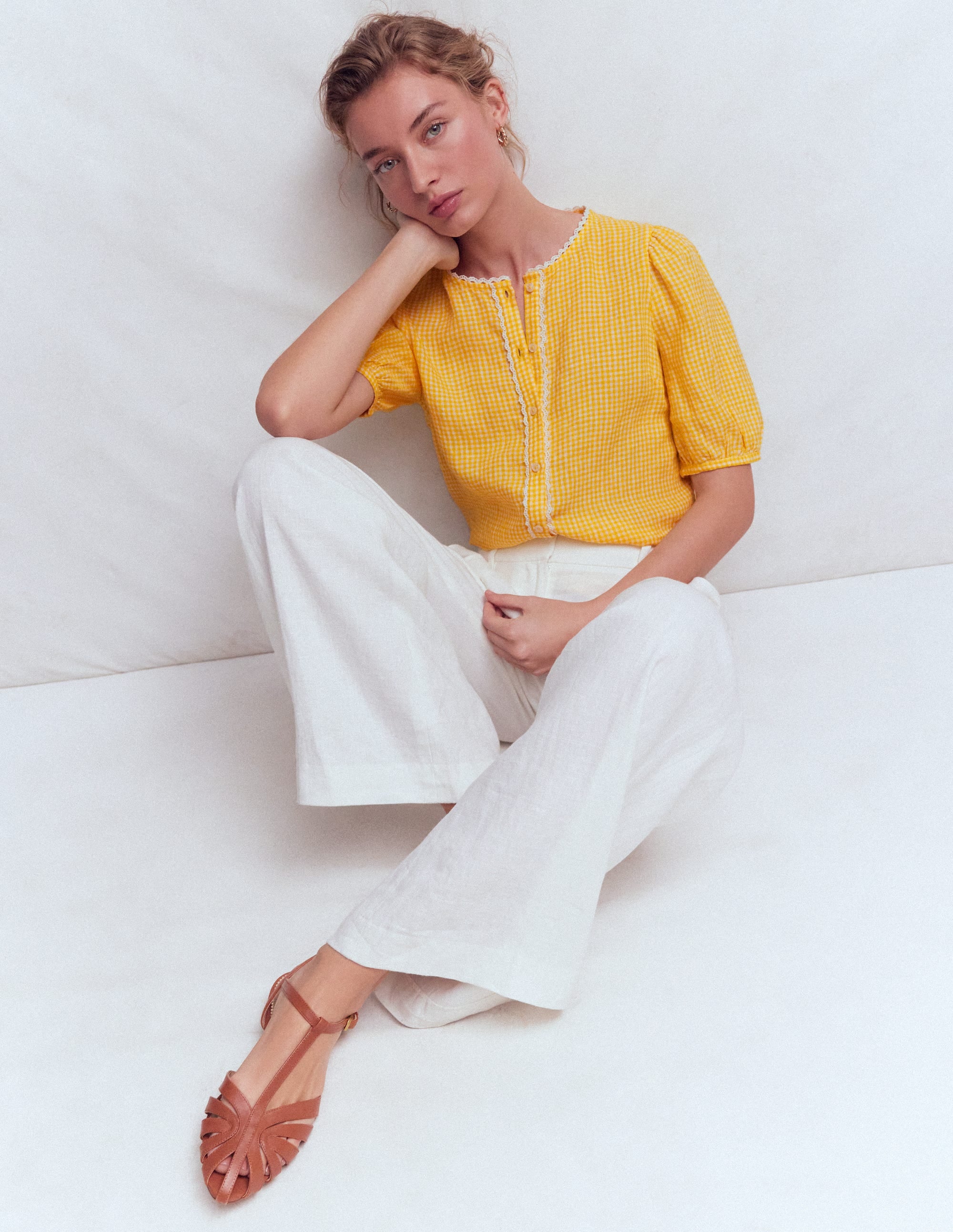 Leah Short Sleeve Linen Top-Sunshine Yellow Gingham - Image 1