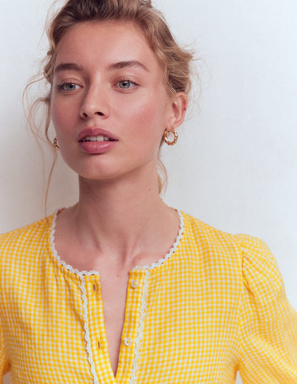 Leah Short Sleeve Linen Top-Yellow Gingham-3