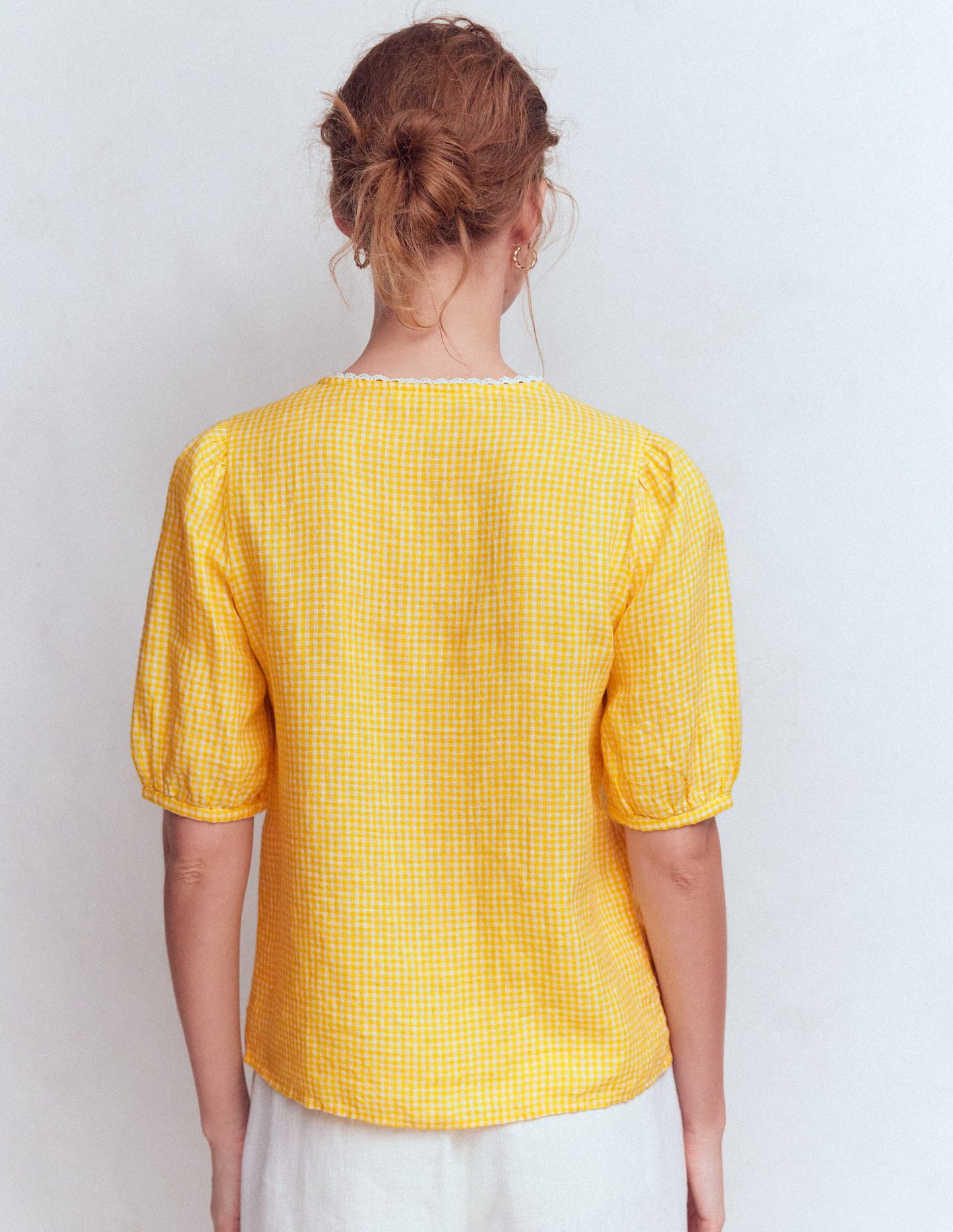 Leah Short Sleeve Linen Top-Yellow Gingham